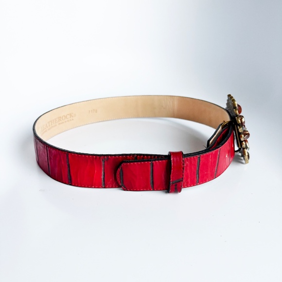 Leatherock Wide Belt Gem Embellished Buckle Red Croc Stamp Leather Strap Size 32 - Picture 7 of 11